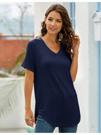 Full Size Solid V-Neck Short Sleeve T-Shirt Plus Size
