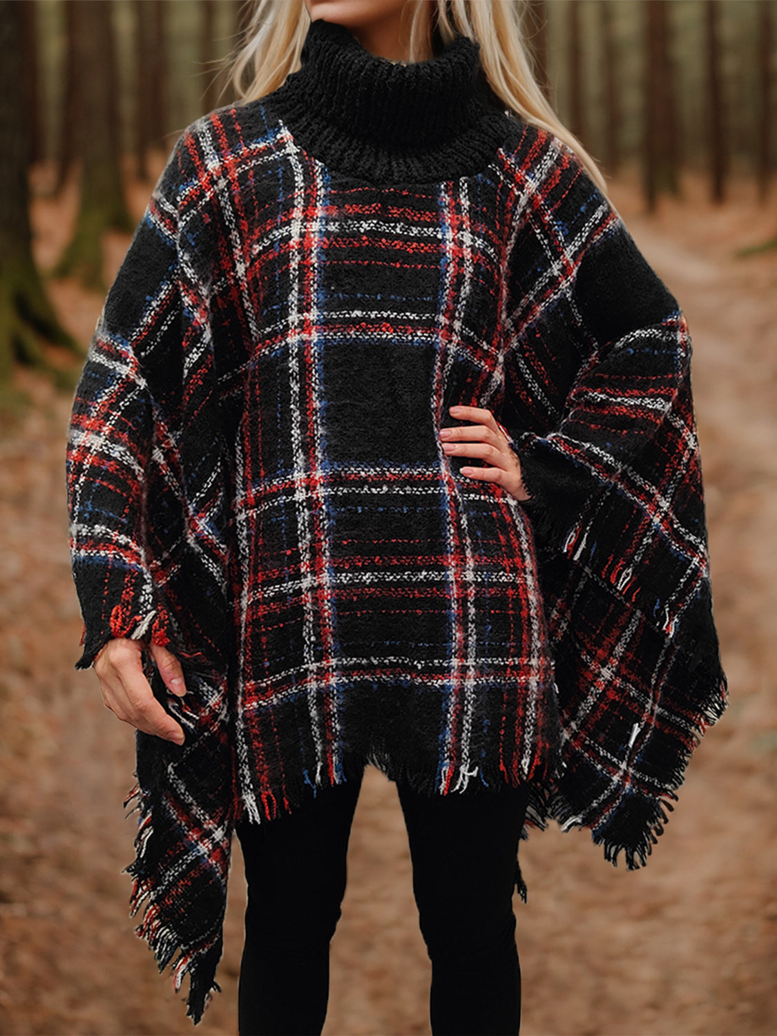 Shiny Turtleneck Plaid Raw Hem Sweater - felvior
