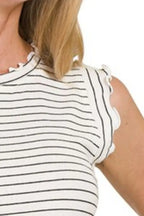 Zenana Ribbed Ruffle Trim Sleeveless Stripe Top