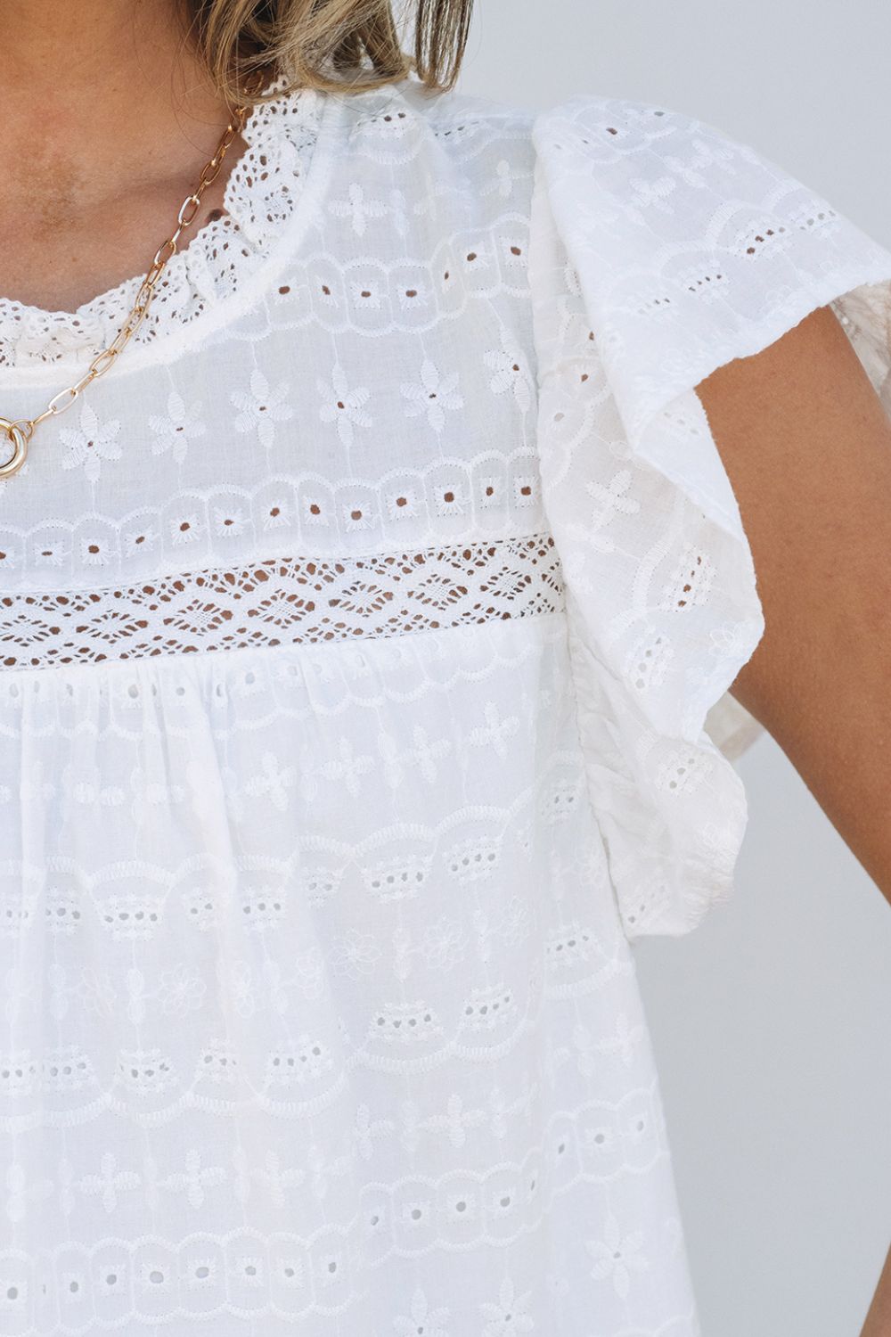 Lace Round Neck Flutter Sleeve Eyelet Blouse - felvior