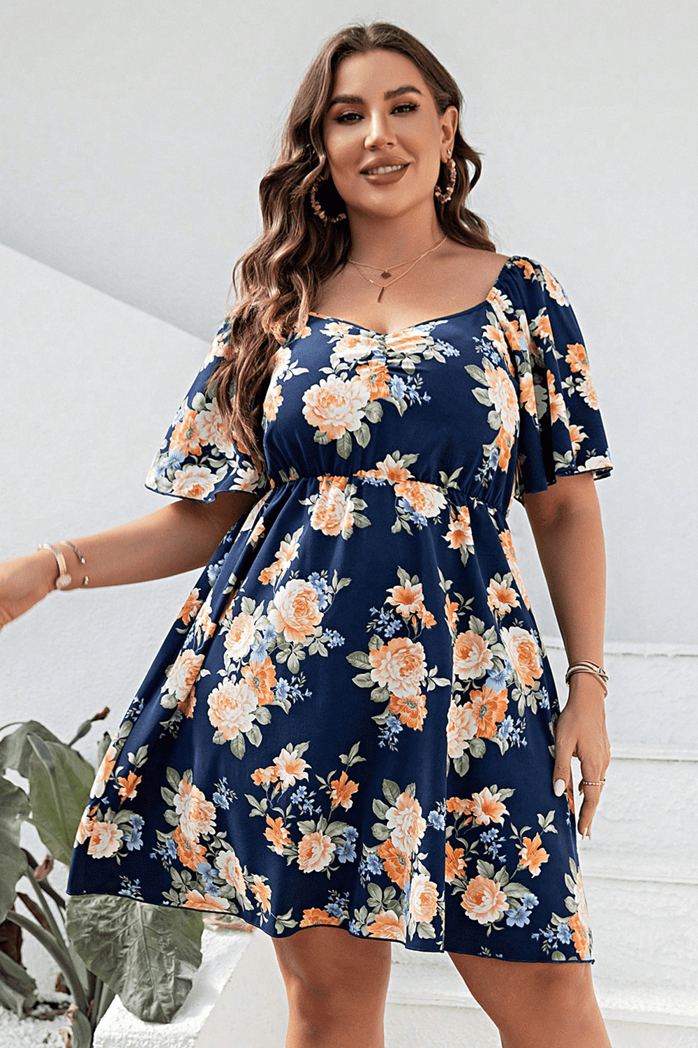 Plus Size Floral Print V-Neck Flutter Sleeve Mini Dress - felvior