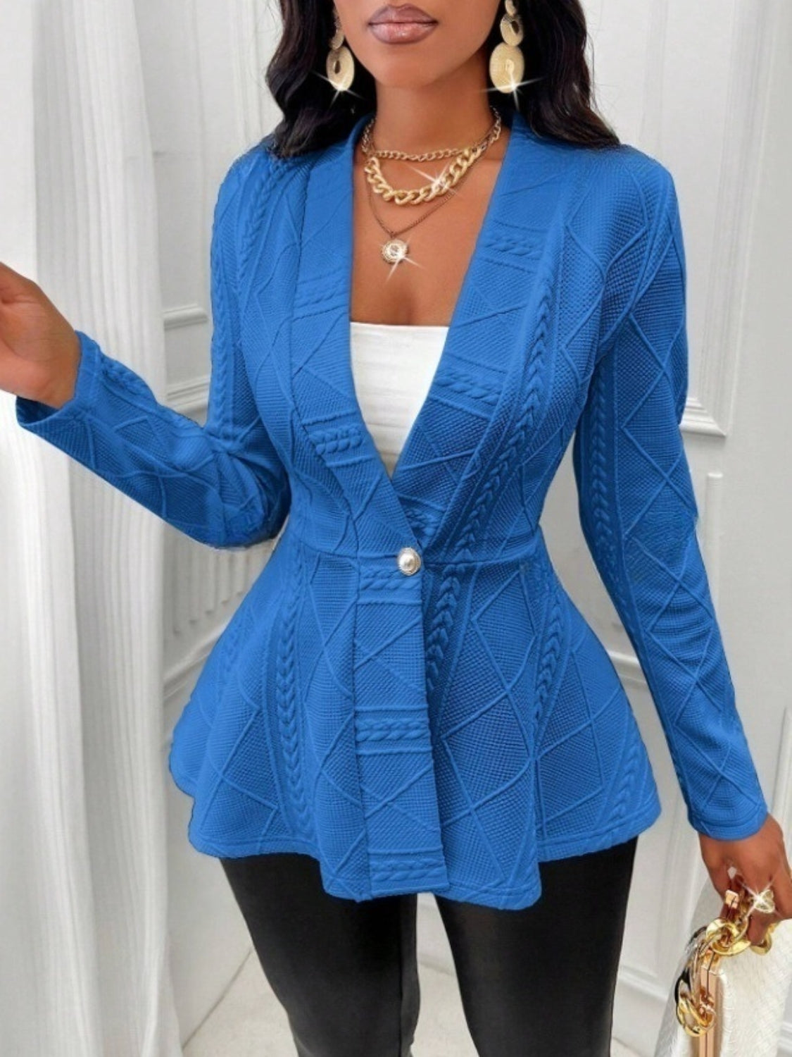 One Button Textured Peplum Cardigan - felvior