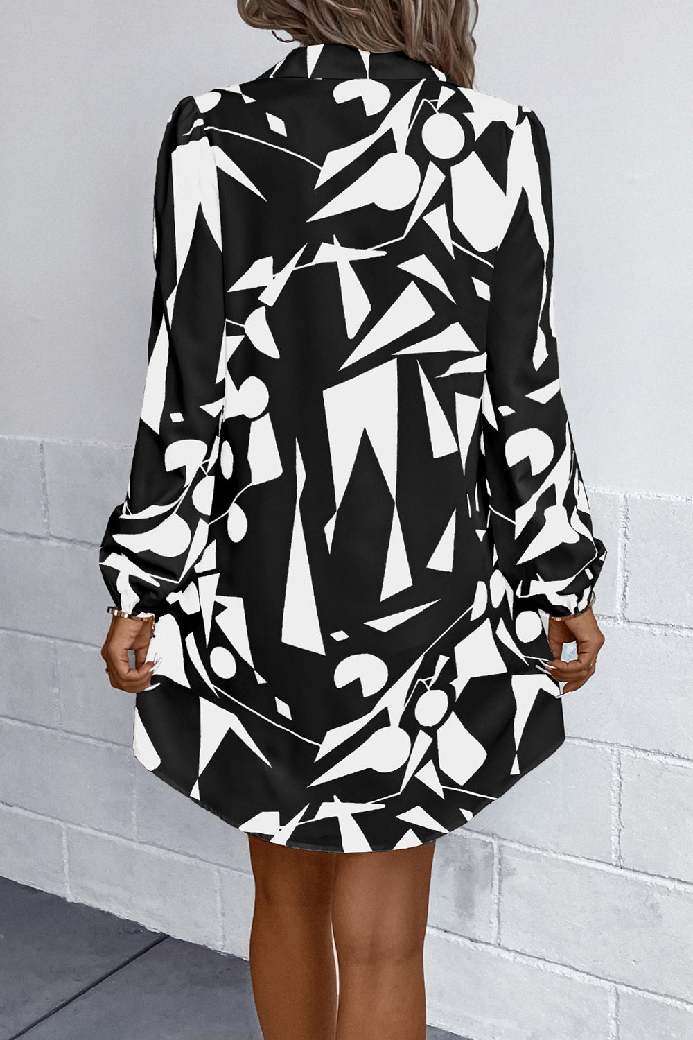 Geometric Long Sleeve Shirt Dress - felvior