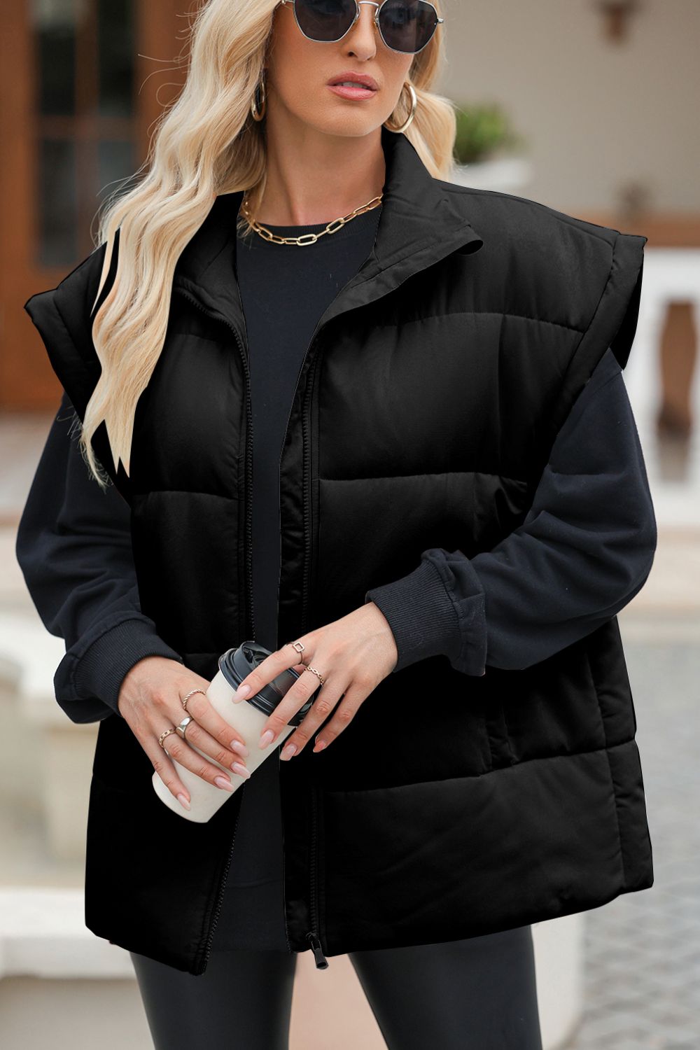 Zip Up Puffer Vest Coat with Pockets - felvior