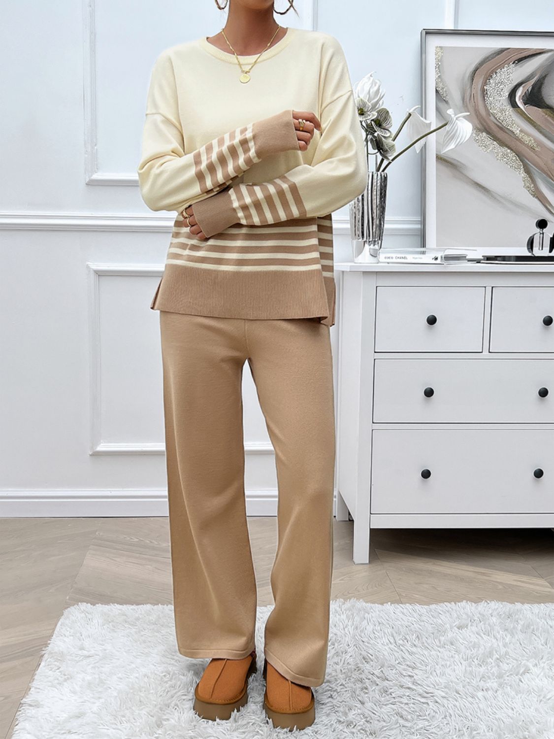 Devine Slit Striped Round Neck Top and Pants Sweater Set - felvior