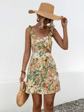 Printed Ruffled Surplice Wide Strap Mini Dress - felvior