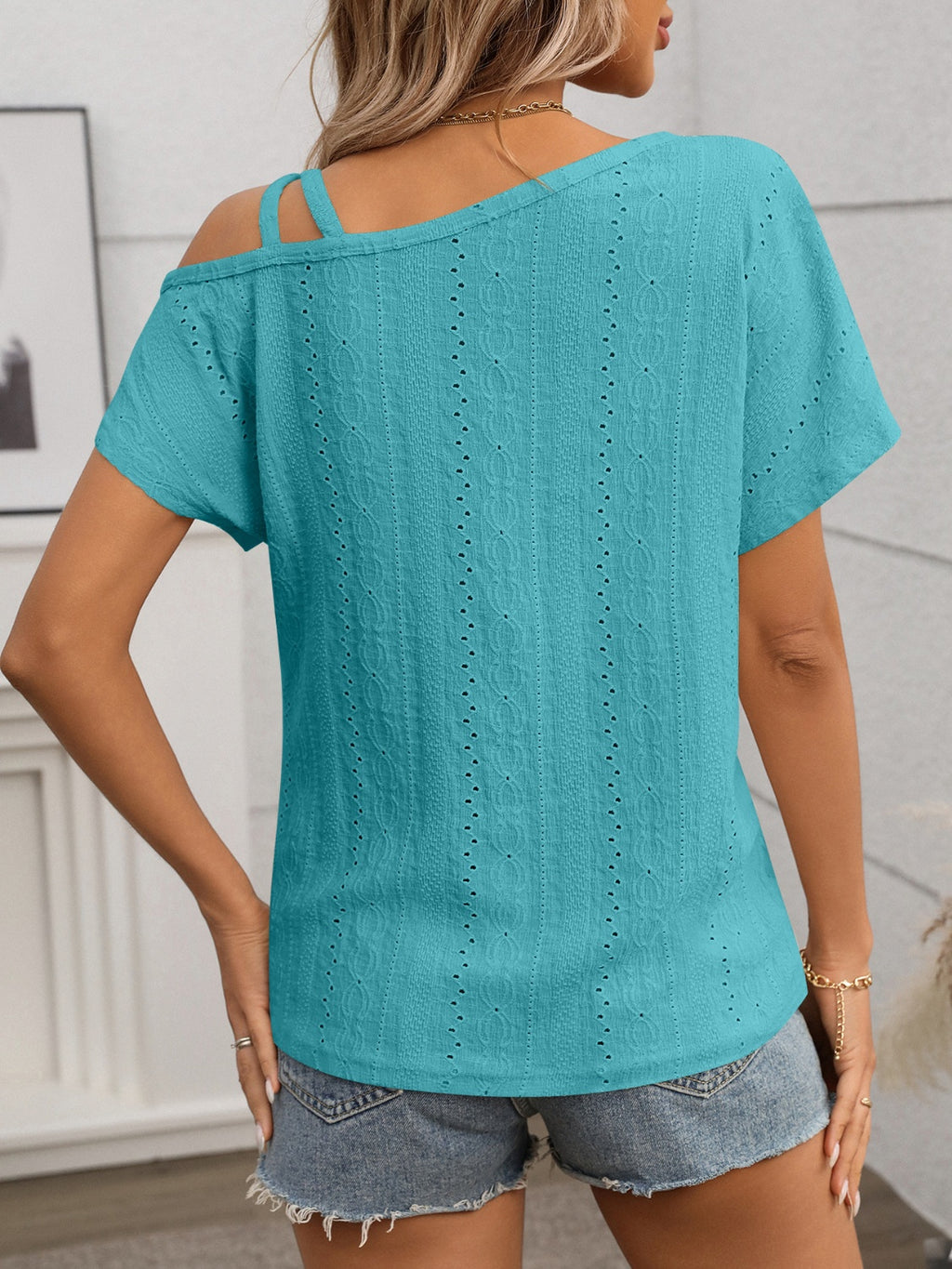 Eyelet Asymmetrical Shoulder Short Sleeve T-Shirt
