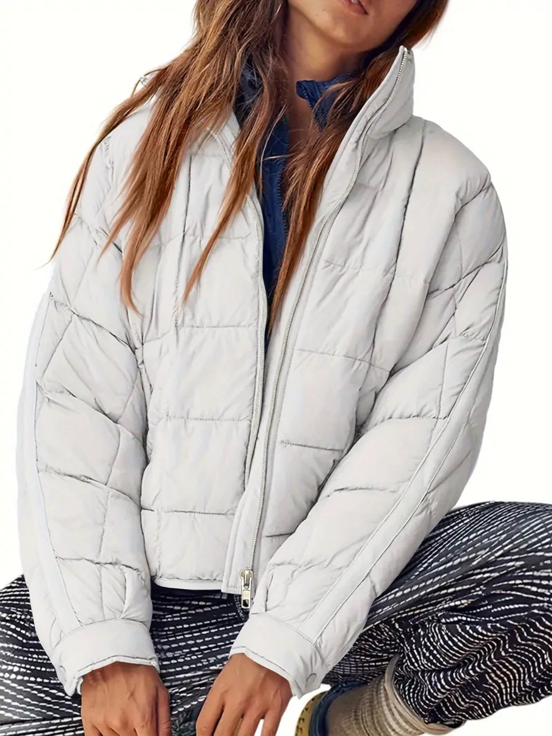 Pocketed Plaid Quilted Zip Up Winter Coat - felvior