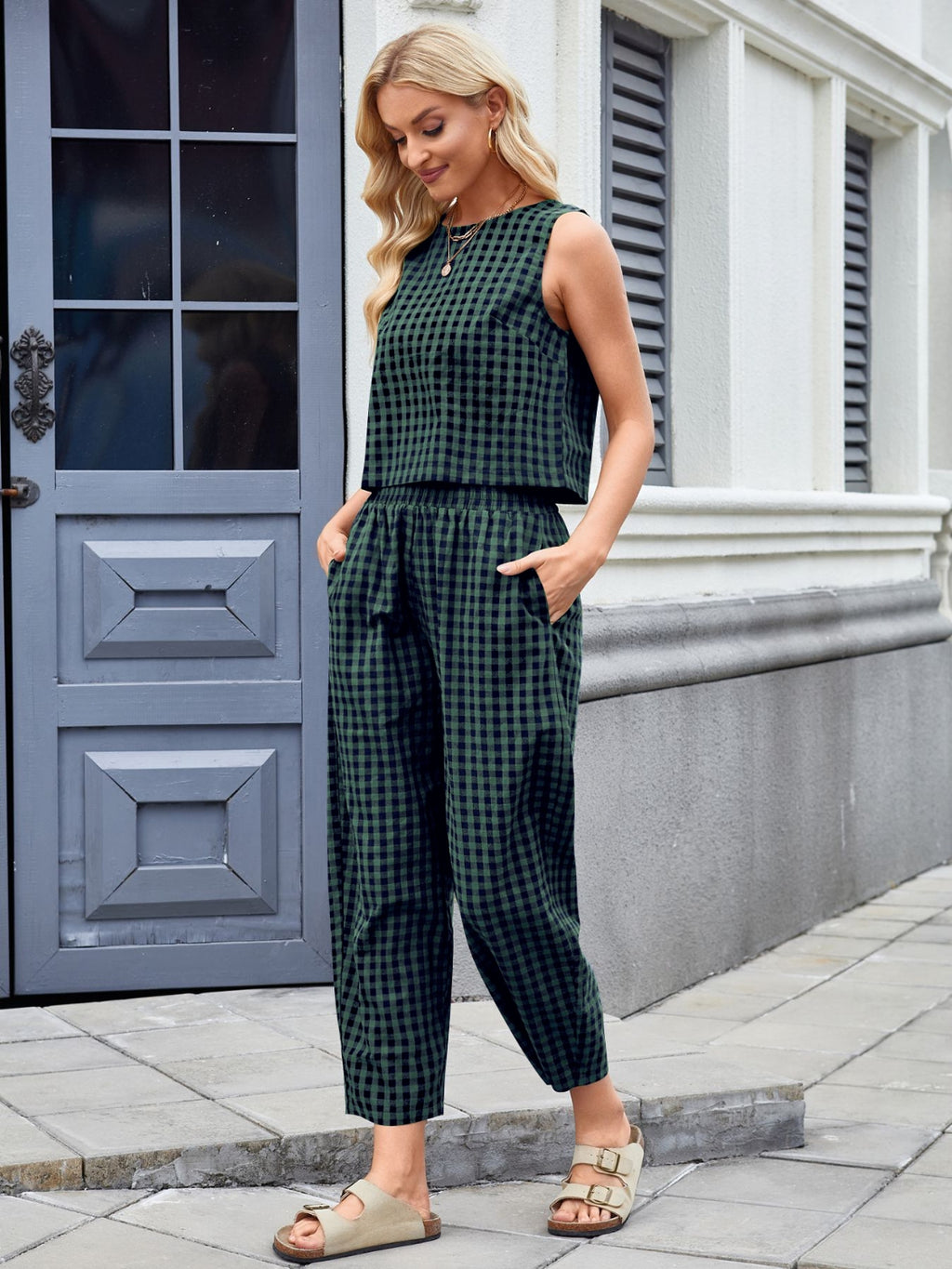 Plaid Sleeveless Top and Pants Set