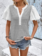 Striped Notched Short Sleeve T-Shirt