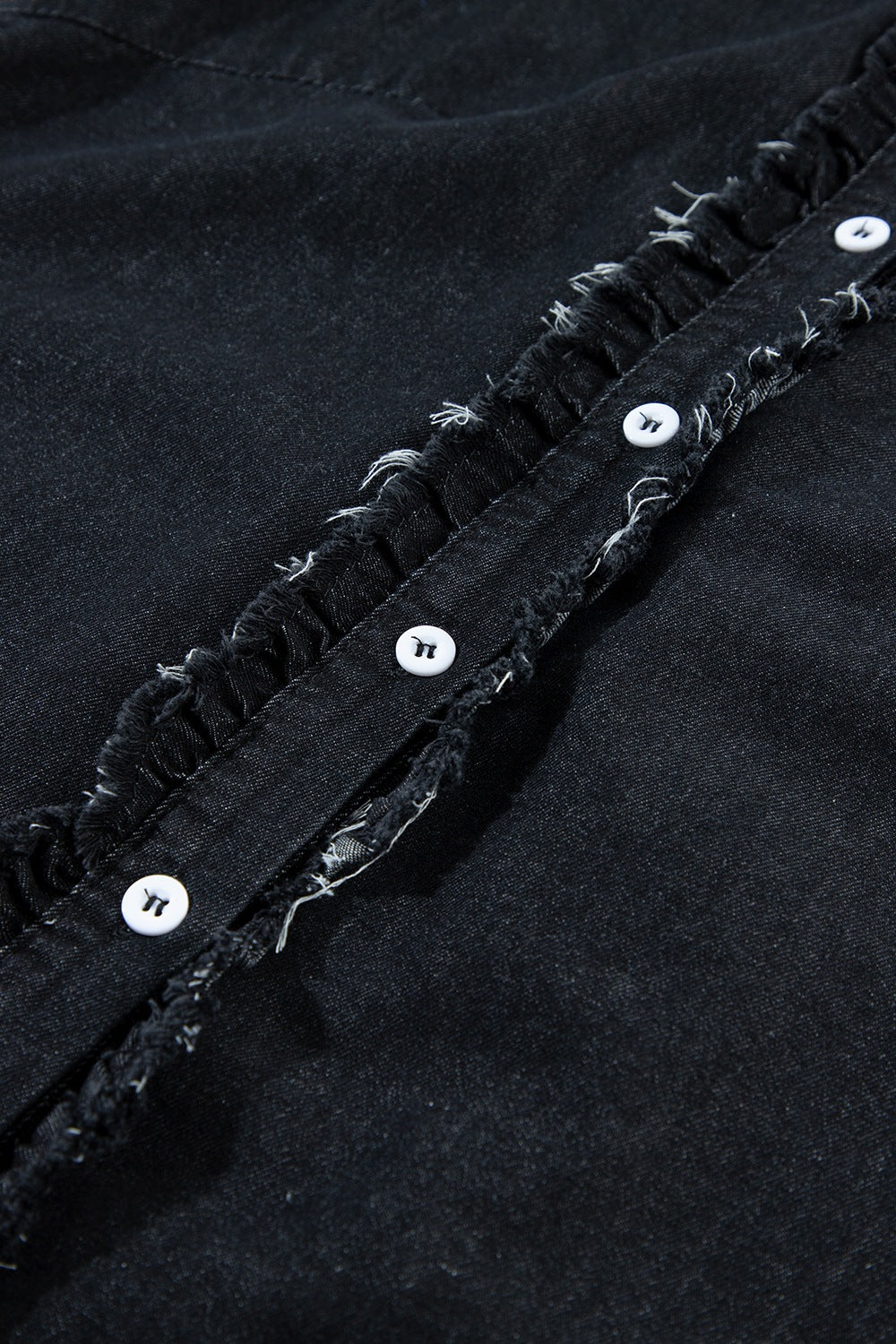 Button Down Raw Hem Ruffled Denim Shirt - felvior