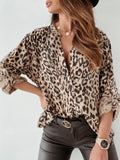Leopard Button Detail Notched Long Sleeve Blouse - felvior