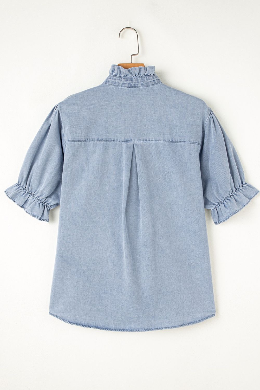 Ruffle Short Puff Sleeve Button Down Denim Shirt - felvior
