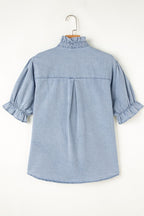 Ruffle Short Puff Sleeve Button Down Denim Shirt