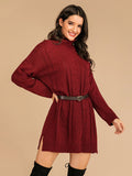 Perfee Slit Turtleneck Long Sleeve Mini Sweater Dress - felvior