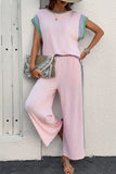 Contrast Round Neck Top and Pants Set - felvior