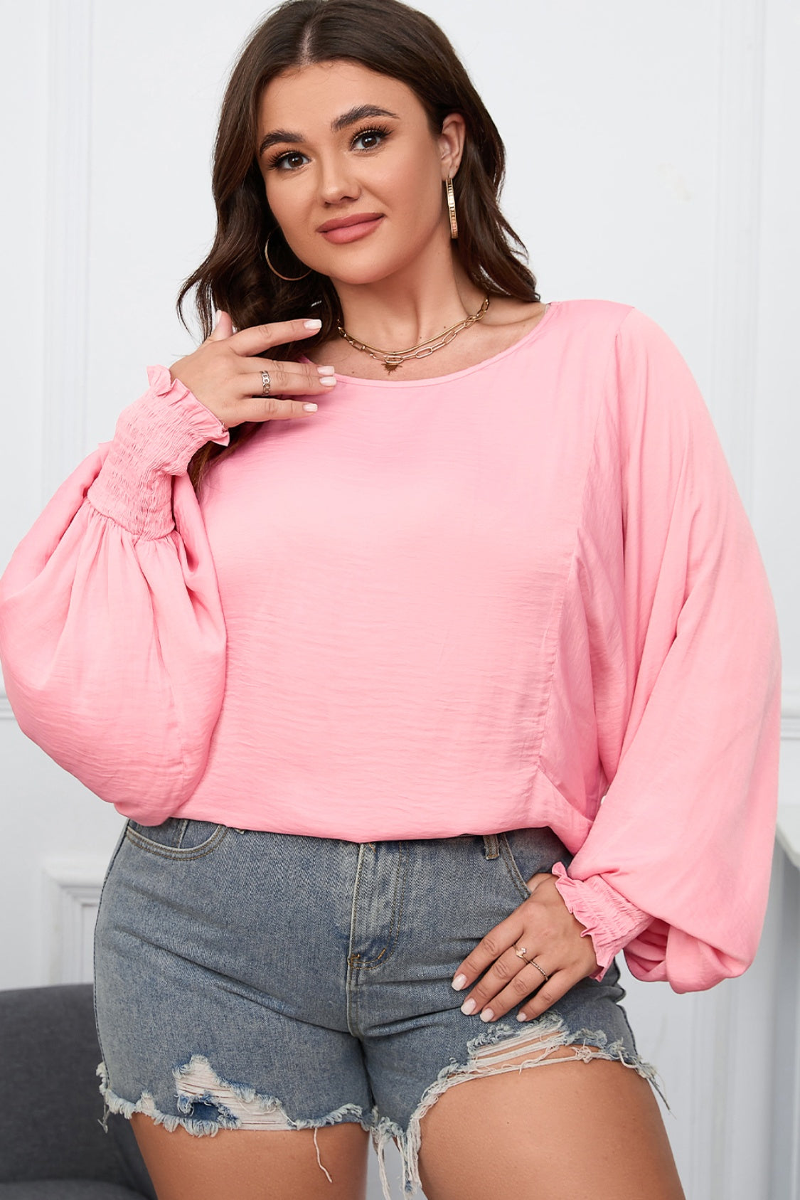 Plus Size Lantern Sleeve Dropped Shoulder Blouse - felvior