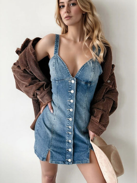 Button Down Mini Cami Denim Dress - felvior