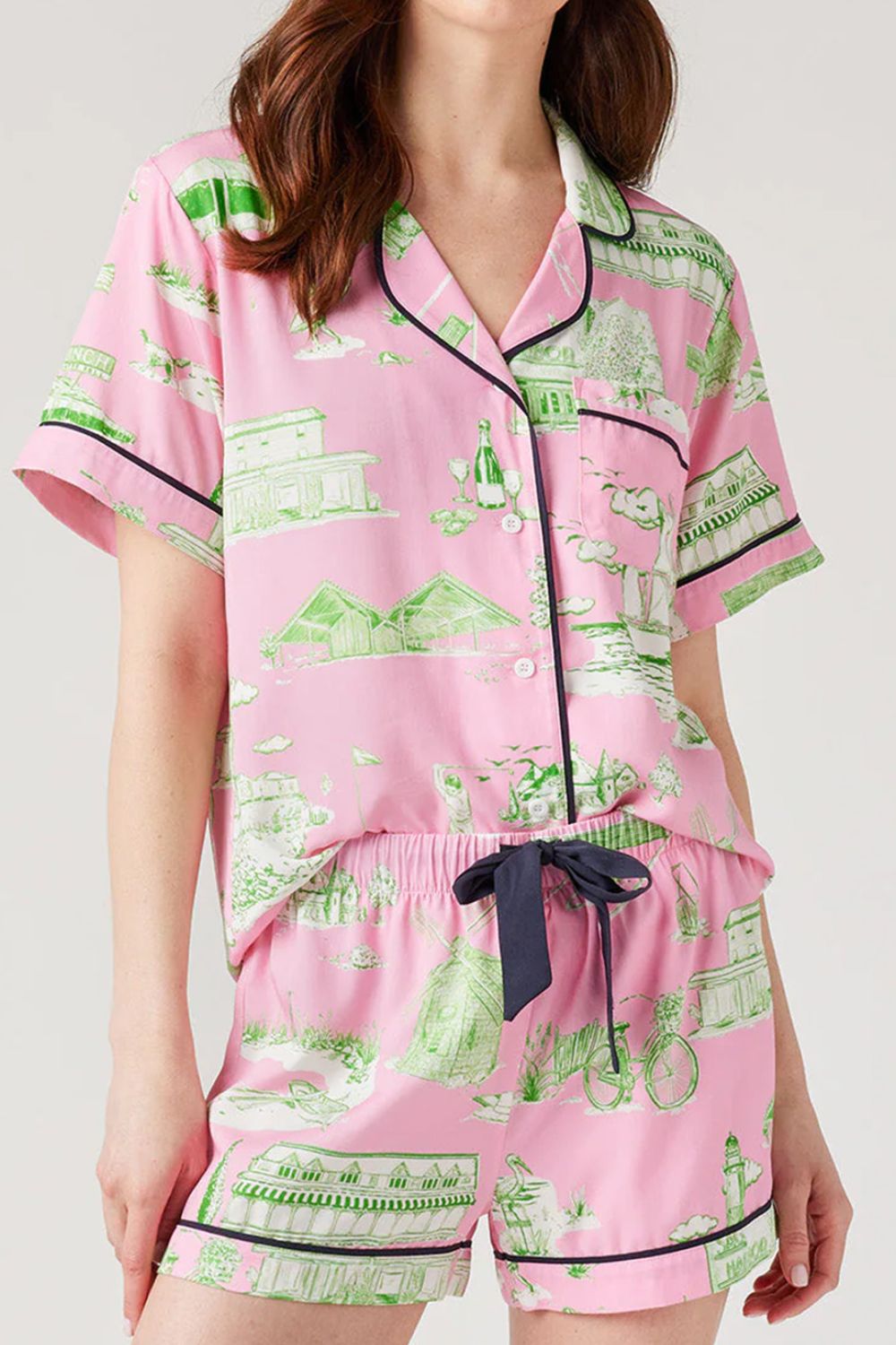 Collared Neck Printed Top and Drawstring Shorts Lounge Set Image principale du produit