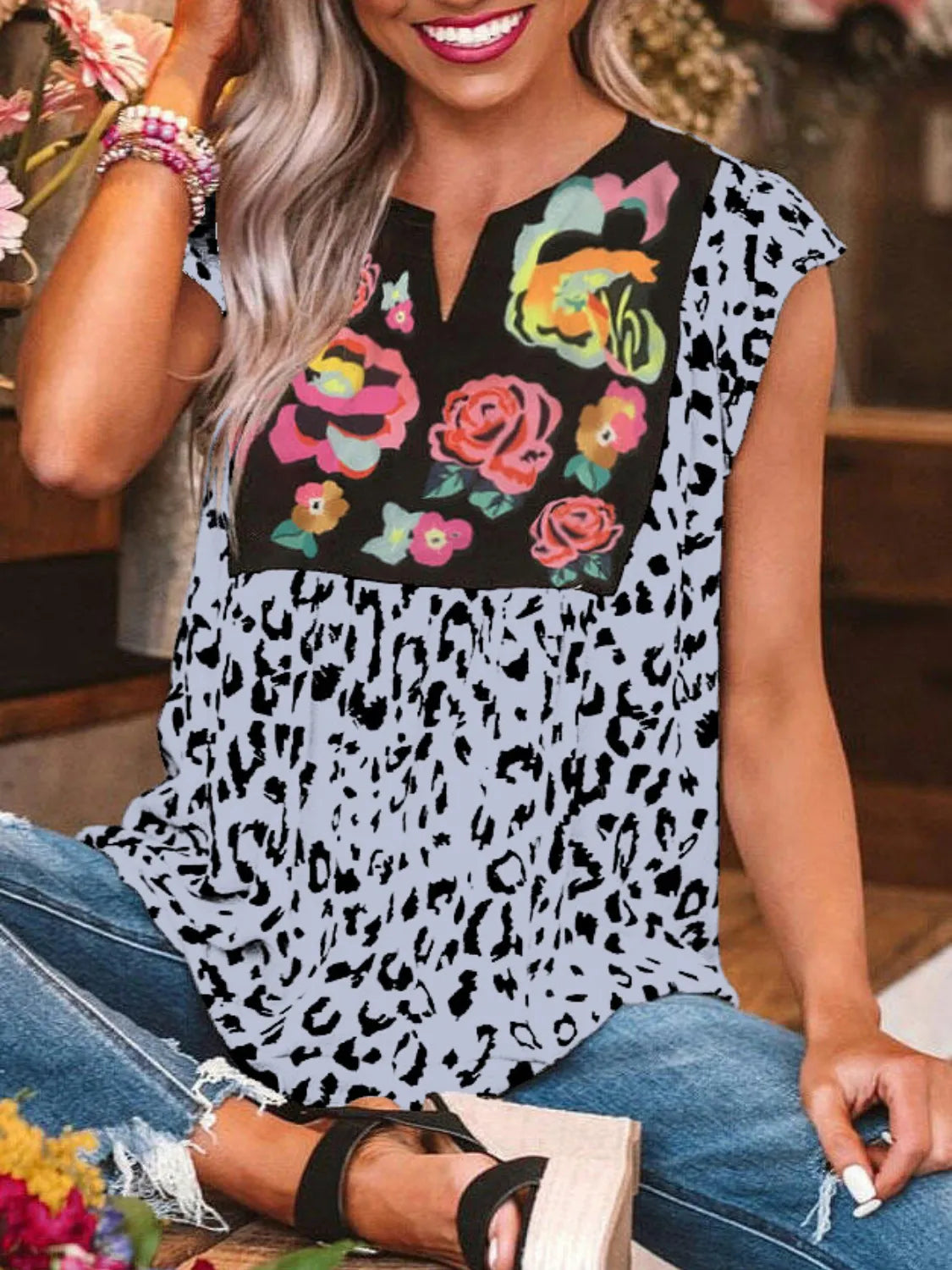 Full Size Leopard Floral Notched Cap Sleeve Blouse Plus Size - felvior
