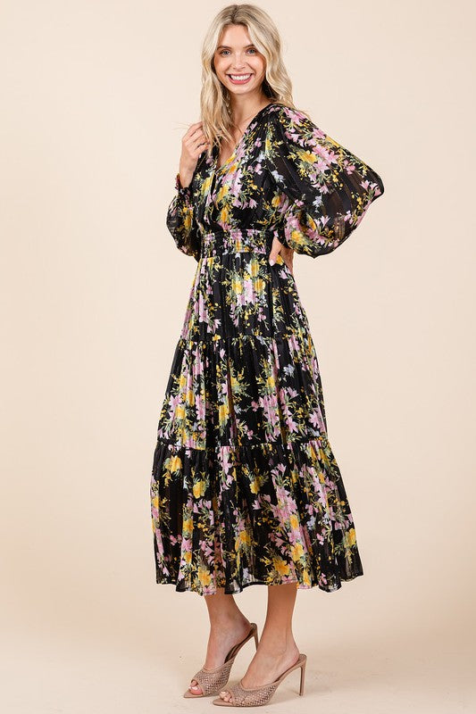 Mittoshop Flower Print Satin Lurex Stripe Smocked Midi Dress - felvior
