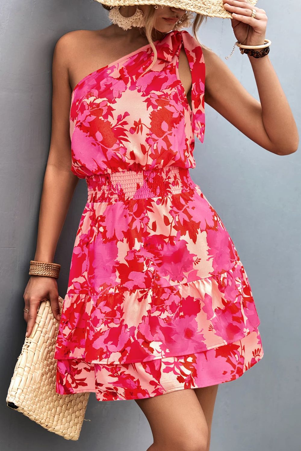 Tied Smocked Printed Single Shoulder Dress - felvior