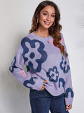 Flower Pattern Round Neck Long Sleeve Sweater - felvior