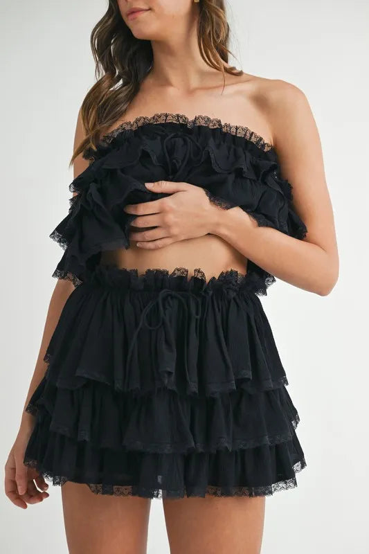 MABLE Ruffle Layered Crop Top and Mini Skirt Set - felvior