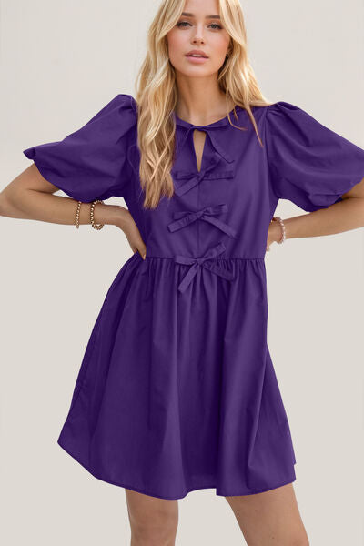 Oh Bow Ruched Puff Sleeve Mini Dress - felvior