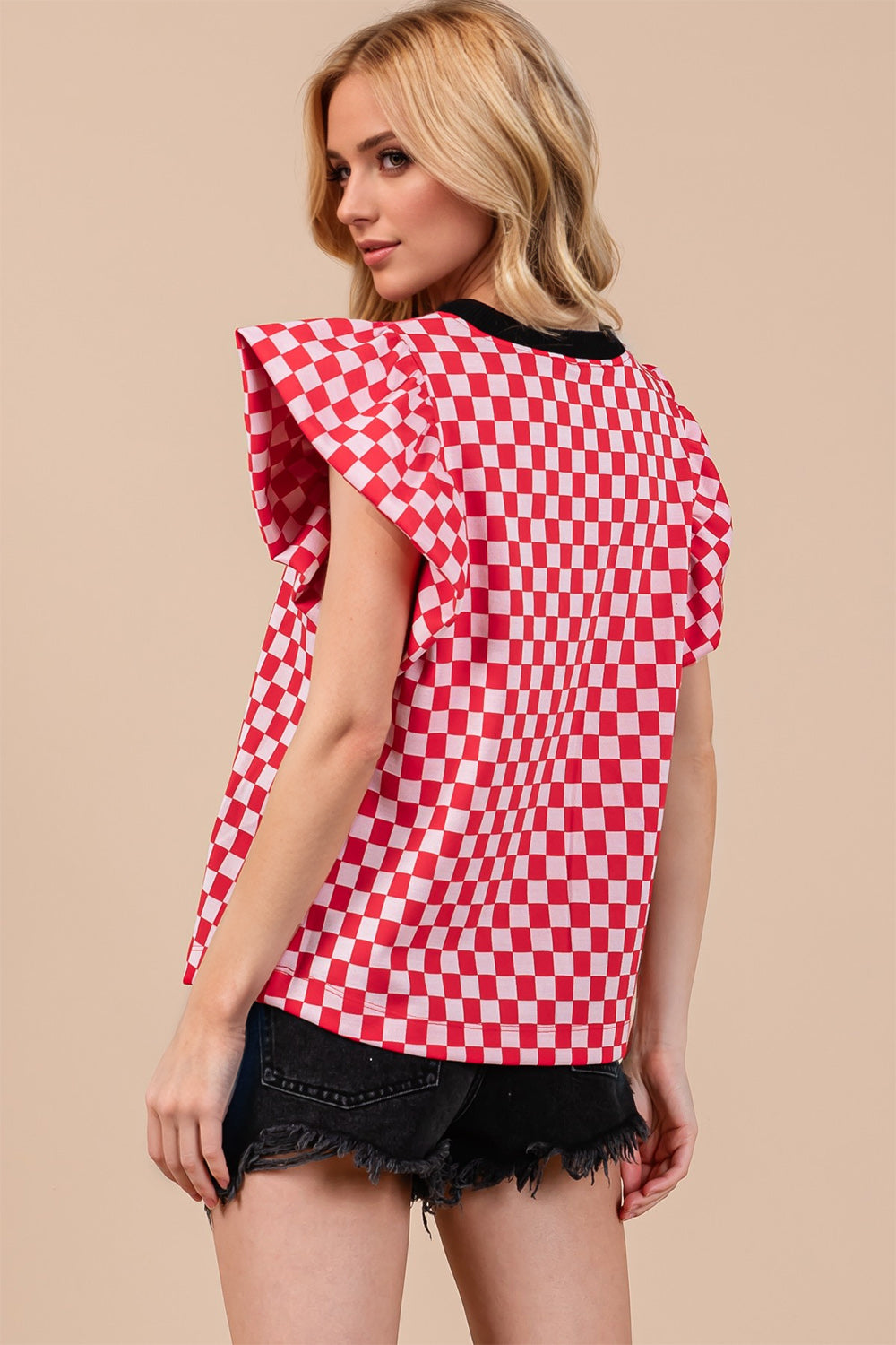 Oh Checkered Round Neck Puff Sleeve Blouse - felvior