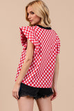 Oh Checkered Round Neck Puff Sleeve Blouse - felvior