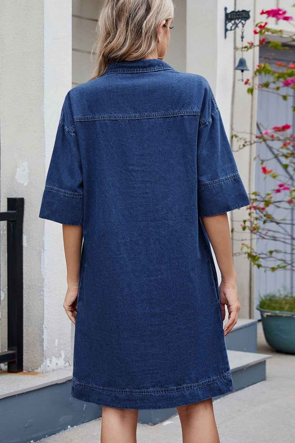 Johnny Collar Half Sleeve Denim Dress - felvior