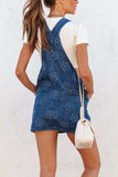 Flower Print Square Neck Denim Overall Dress - felvior