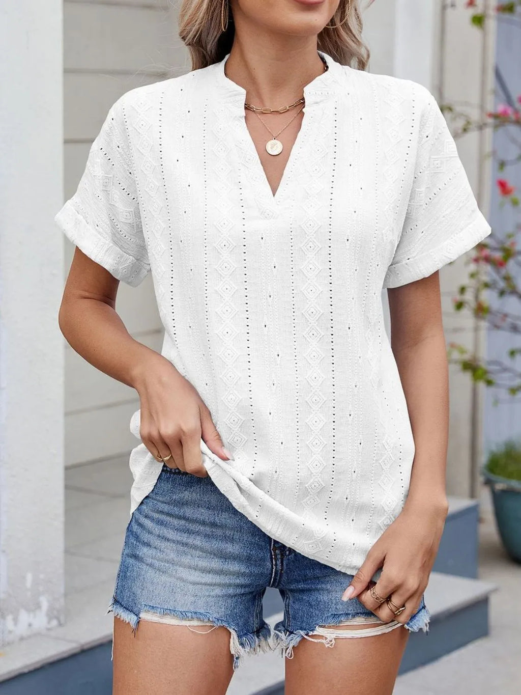 Eyelet Notched Short Sleeve Top