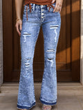 Distressed Button-Fly Bootcut Jeans with Pockets - felvior