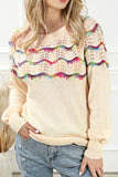 Openwork Wavy Striped Round Neck Sweater - felvior