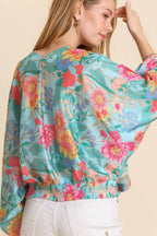 Umgee USA Full Size Floral Print Smocked Back Hem V-Neck Blouse Plus Size