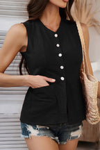 Devine Button Down V-Neck Sleeveless Top