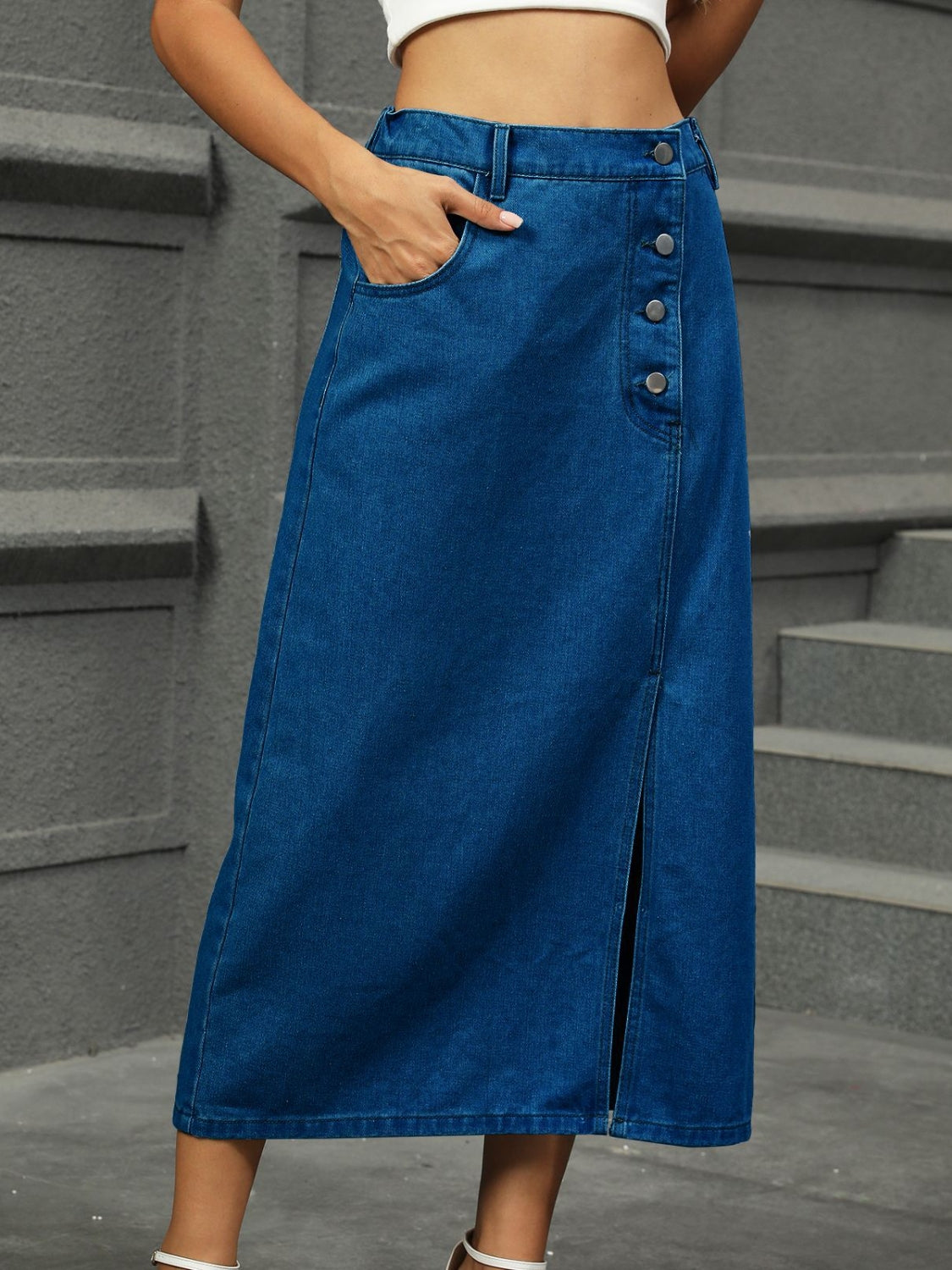 Slit Button Detail Denim Midi Skirt - felvior