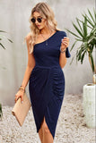 Devine Ruched One-Shoulder Tulip Hem Dress - felvior