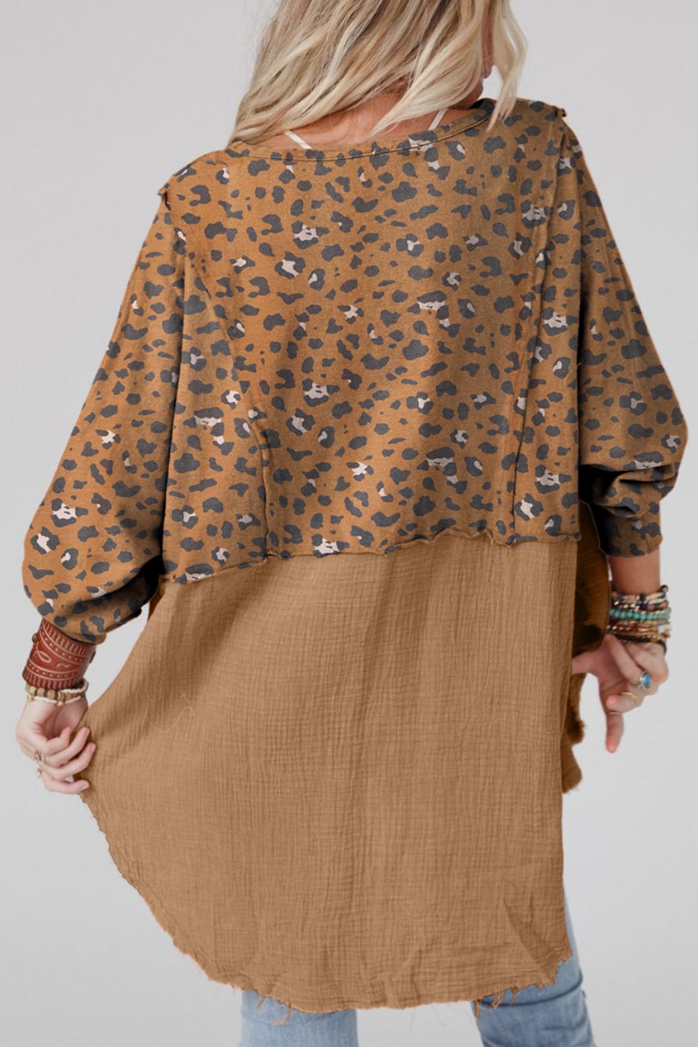 Textured Leopard Dropped Shoulder Blouse - felvior