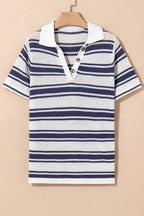 Stripe Johnny Collar Short Sleeve Knit Top