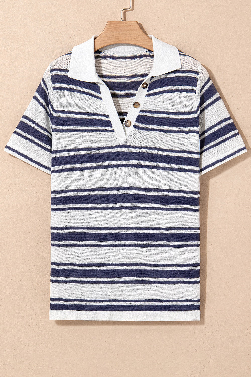 Stripe Johnny Collar Short Sleeve Knit Top