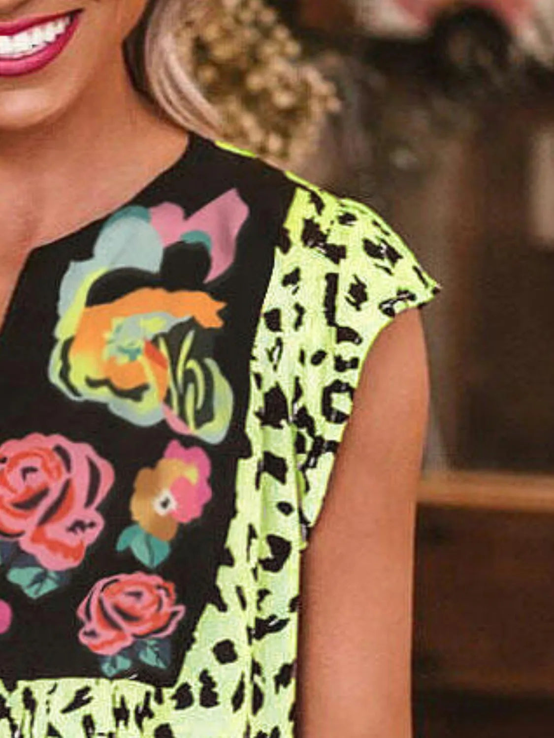 Full Size Leopard Floral Notched Cap Sleeve Blouse Plus Size