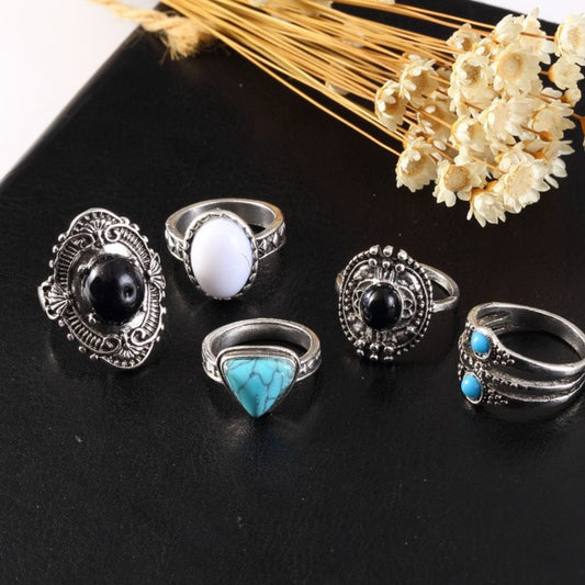 Alloy Turquoise 5-Piece Ring Set - felvior