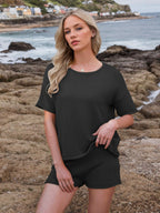 Round Neck Short Sleeve Top and Shorts Sweater Set