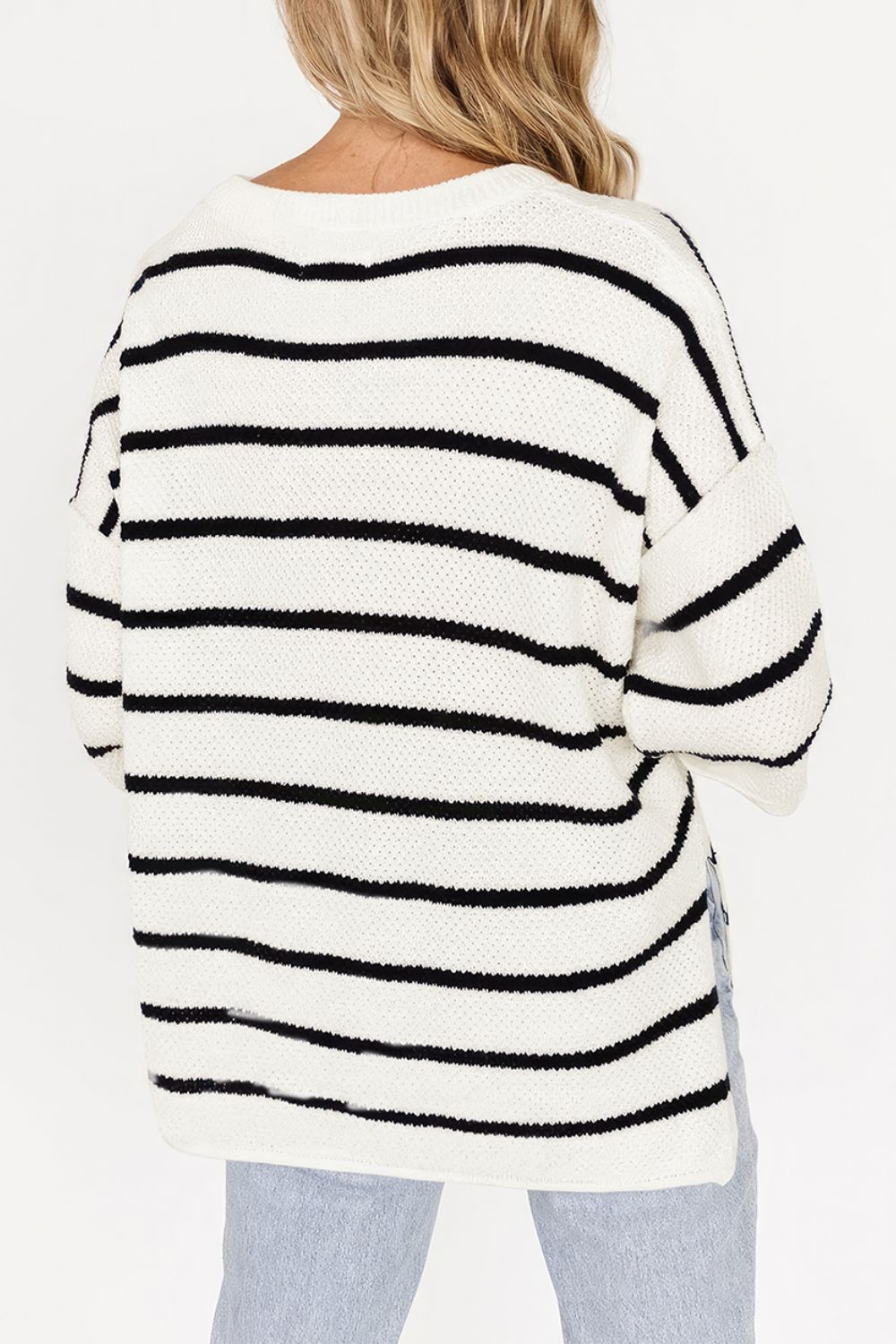 Stripe Drop Shoulder Side Slit Knit Top - felvior