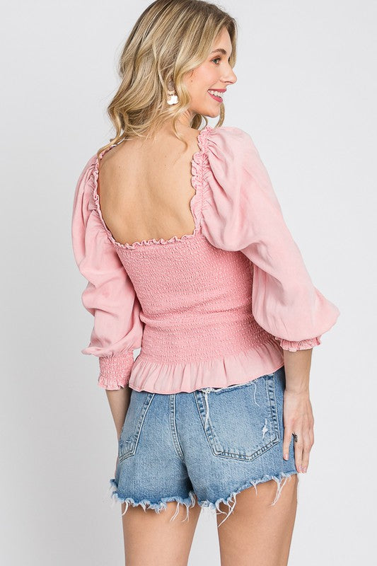 GeeGee Full Size Ruffled Smocked Frill Square Neck Top Plus Size