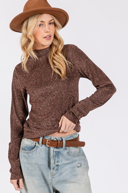 SAGE + FIG Glitter Mock Neck Lettuce Hem Long Sleeve Top - felvior