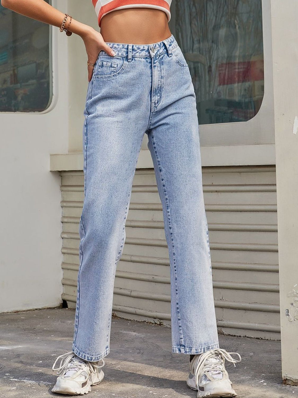 High Waist Straight Jeans with Pockets - felvior